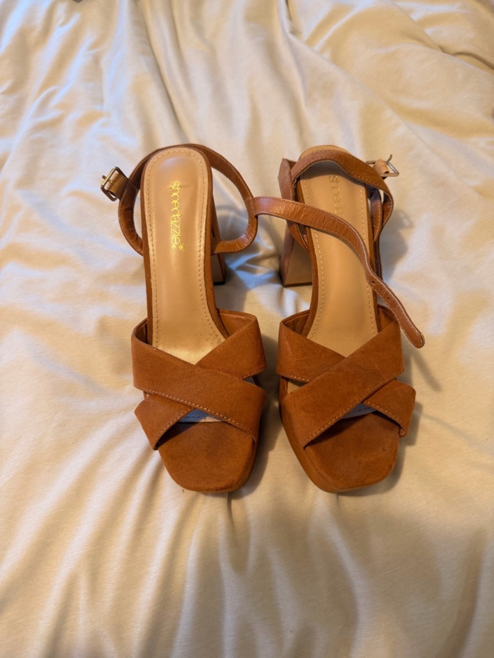 Shoe Dazzle Tan Suede Crisscross Block Heel Sandals